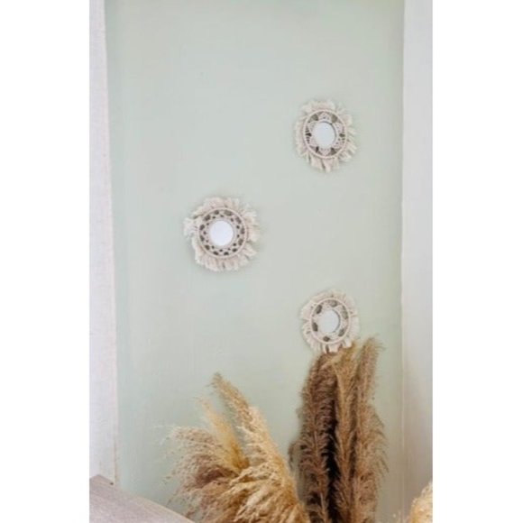 Mini Round Wall Mirror with Macrame Fringe Set of 3 Small Wall Hanging - Picture 2 of 2
